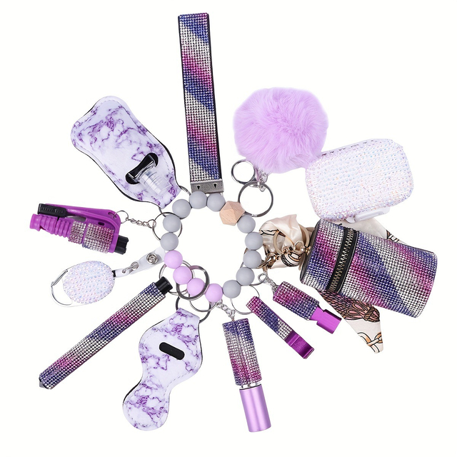 Rhinestone Bling ข้อมือจำนวนมากชุดสำหรับการป้องกันตัวเองของผู้หญิง 13 ชิ้นพวงกุญแจ